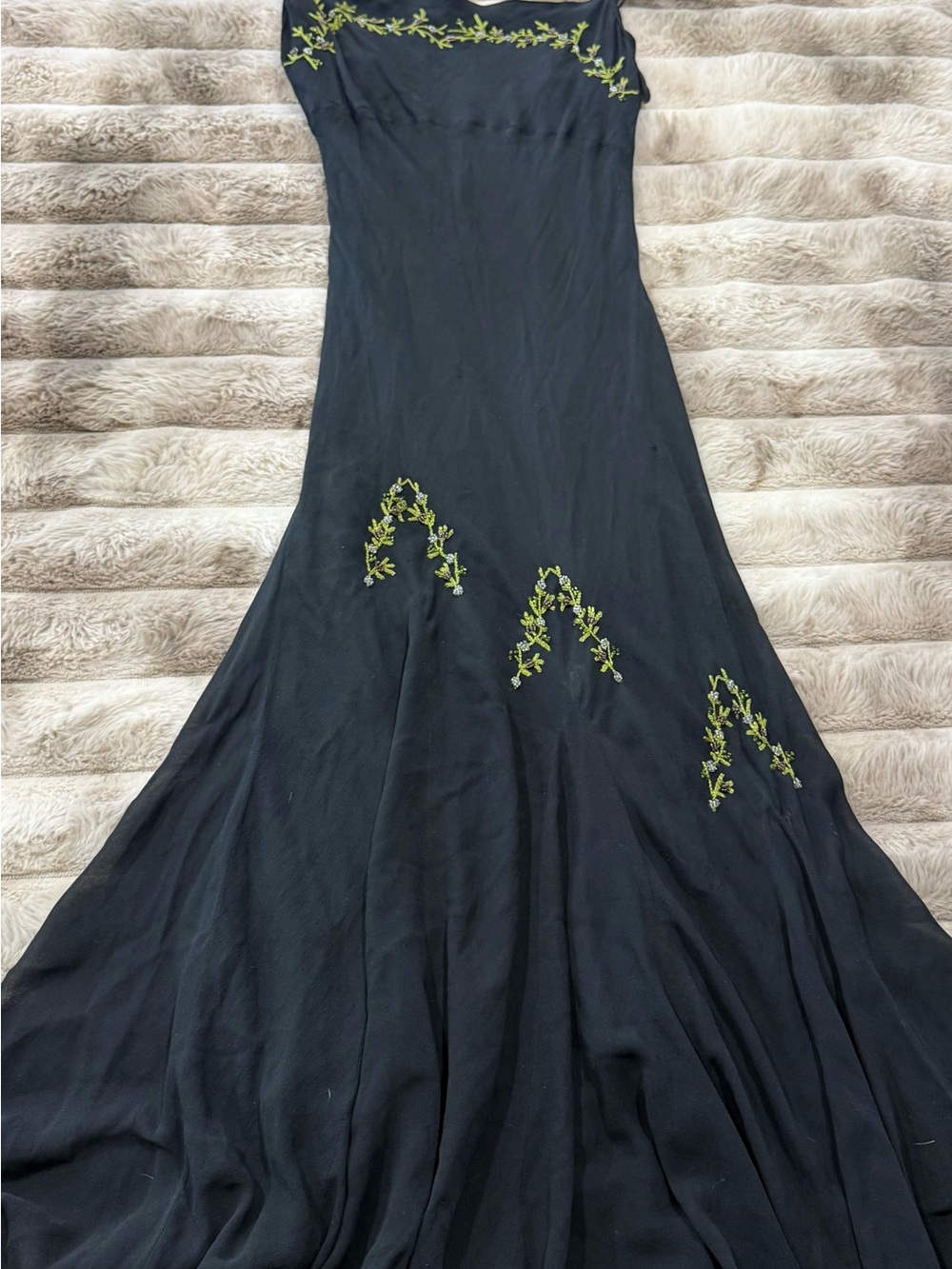 Black Maxi Dress with Green Embroidery - Women's Elegant Evening Dress